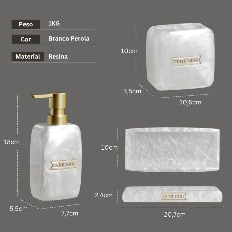 kit para Banheiro Lavabo de Luxo com Bandeja Branco Perola