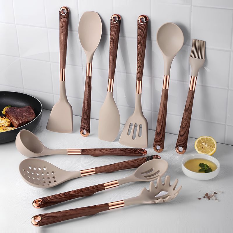 Kit Utensílios de Cozinha Silicone 6, 10 e 12 Peças Com Organizador Rosé