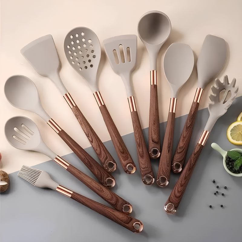 Kit Utensílios de Cozinha Silicone 6, 10 e 12 Peças Com Organizador Rosé